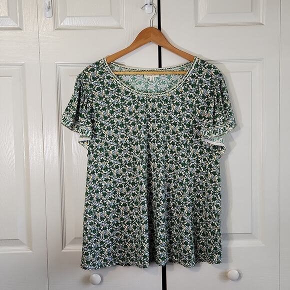Max Studio Womens Green Top Size 1X Leaf Pattern Flutter Sleeves Boho Cottage - Picture 1 of 9